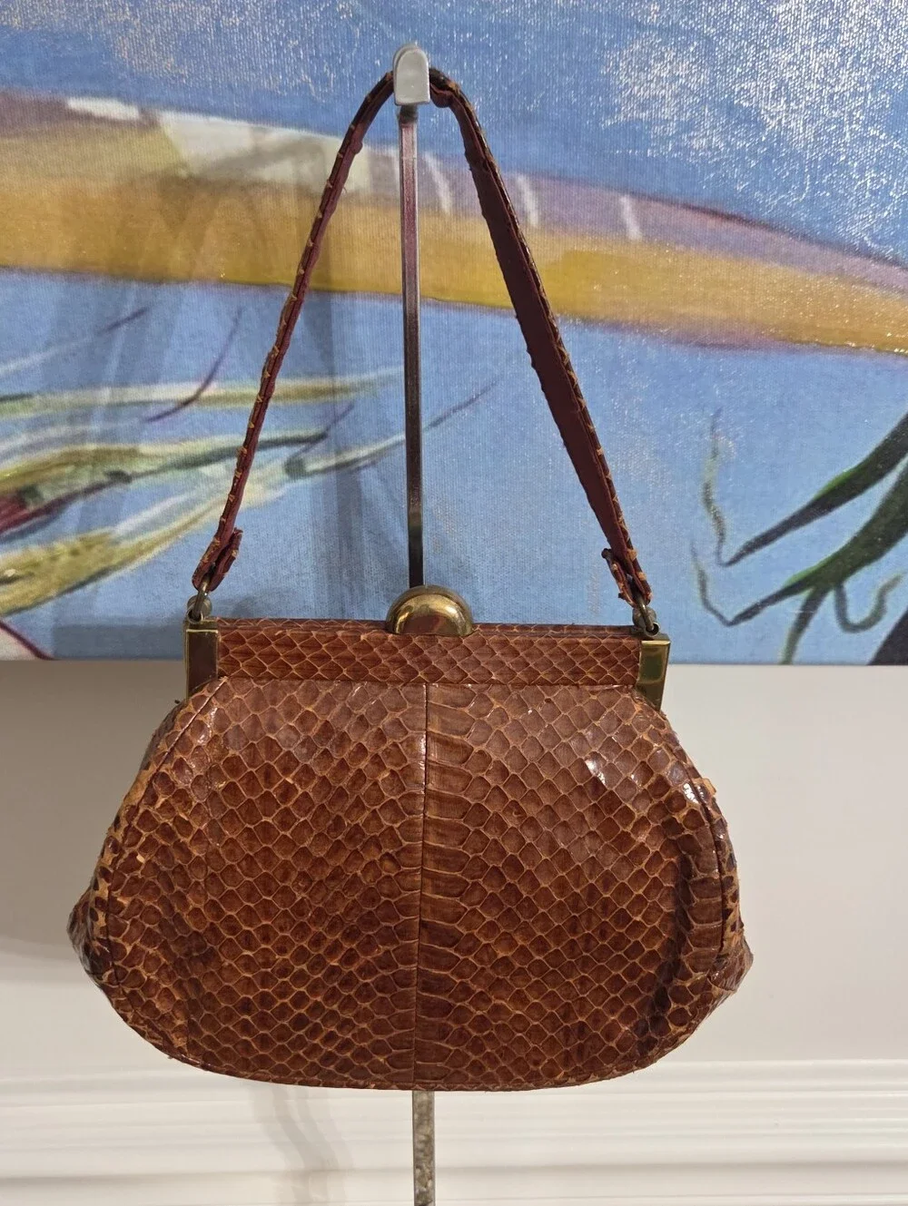 Vintage Genuine Snakeskin Handbag Brown Python Leather Framed Purse Clasp Close